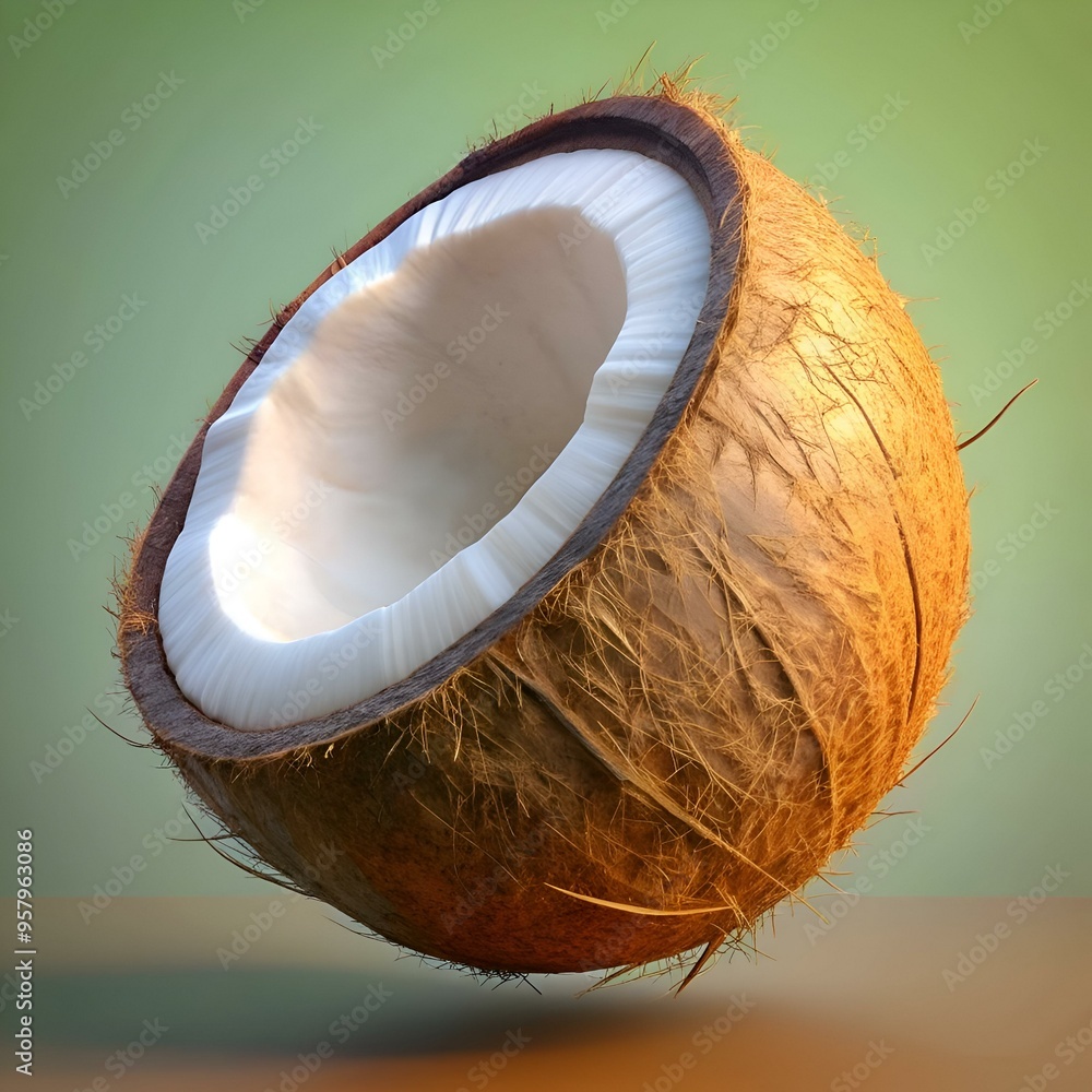 Poster a realistic 3d illustration of a halved coconut. showcasing its fibrous outer shell and white inner 