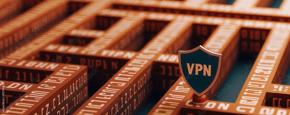 Poster a creative representation of a vpn shield navigating through a digital maze, symbolizing online secu