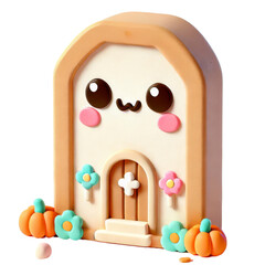 Obraz premium Cartoon house with a friendly face, pumpkins, and flowers, perfect for Halloween designs.