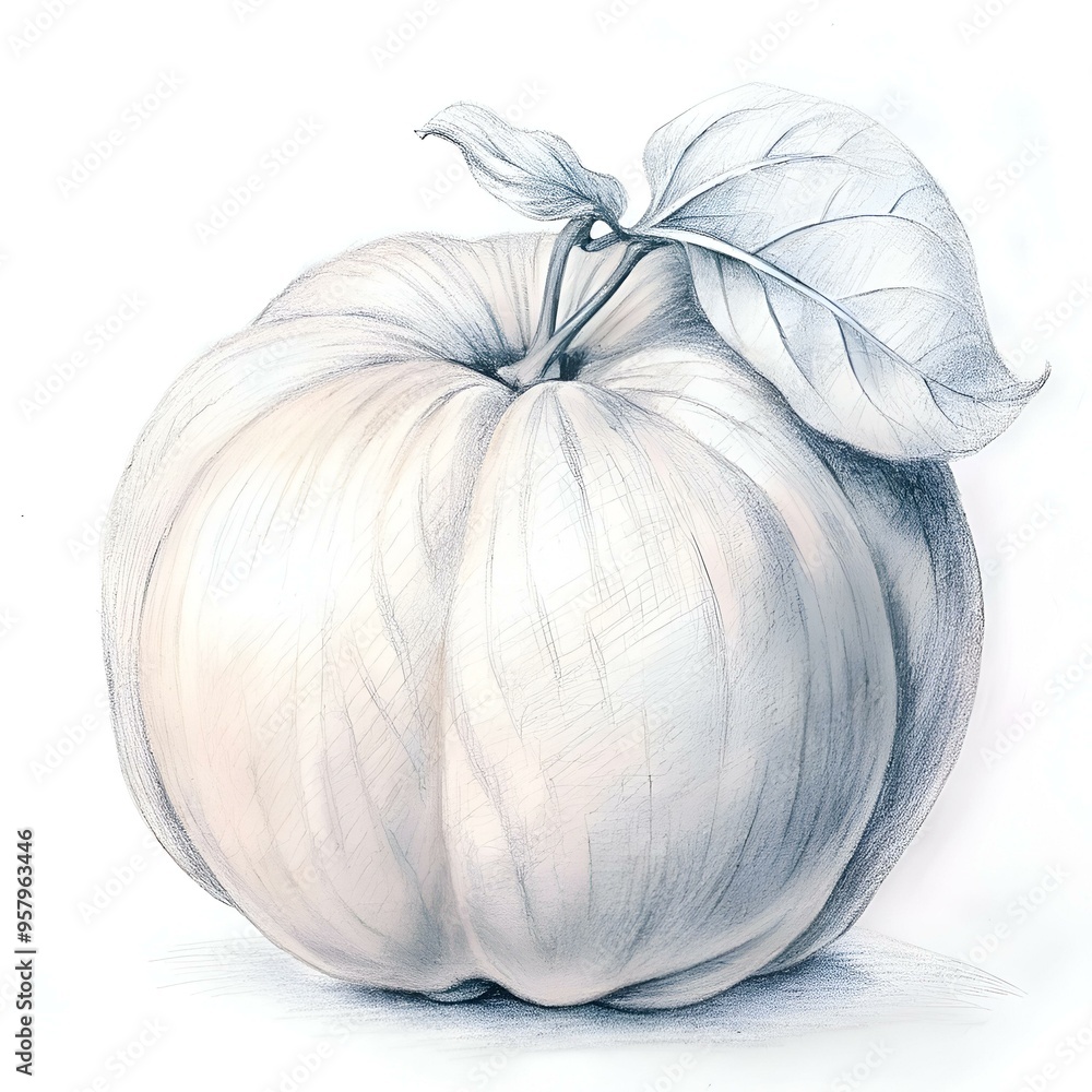 Poster a detailed pencil sketch of a single quince fruit with a leaf. perfect for adding a touch of autumna