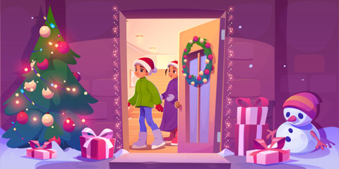 Children on house porch on Christmas eve. Vector cartoon illustration of happy teen boy and girl standing near door, waiting Santa, gift boxes under X-mas tree, snowman in yard on holiday evening