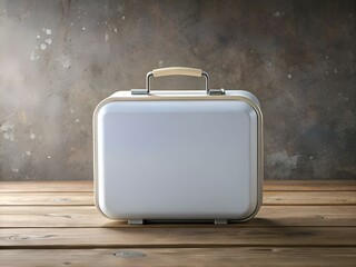 A white vintage suitcase with a cream colored handle sits on a rustic wooden table.
