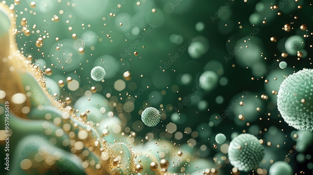 Poster A close-up of an abstract digital landscape made from microscopic spherical particles and tiny cells, with a dark green background. Generative AI.
