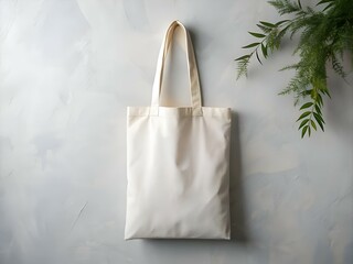 A simple yet elegant white tote bag hangs against a rustic textured background. perfect for showcasing your brand or design.