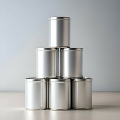 A pyramid of six silver cans on a light background.
