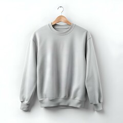 Blank grey crewneck sweatshirt mockup hanging on a wooden hanger against a white background.