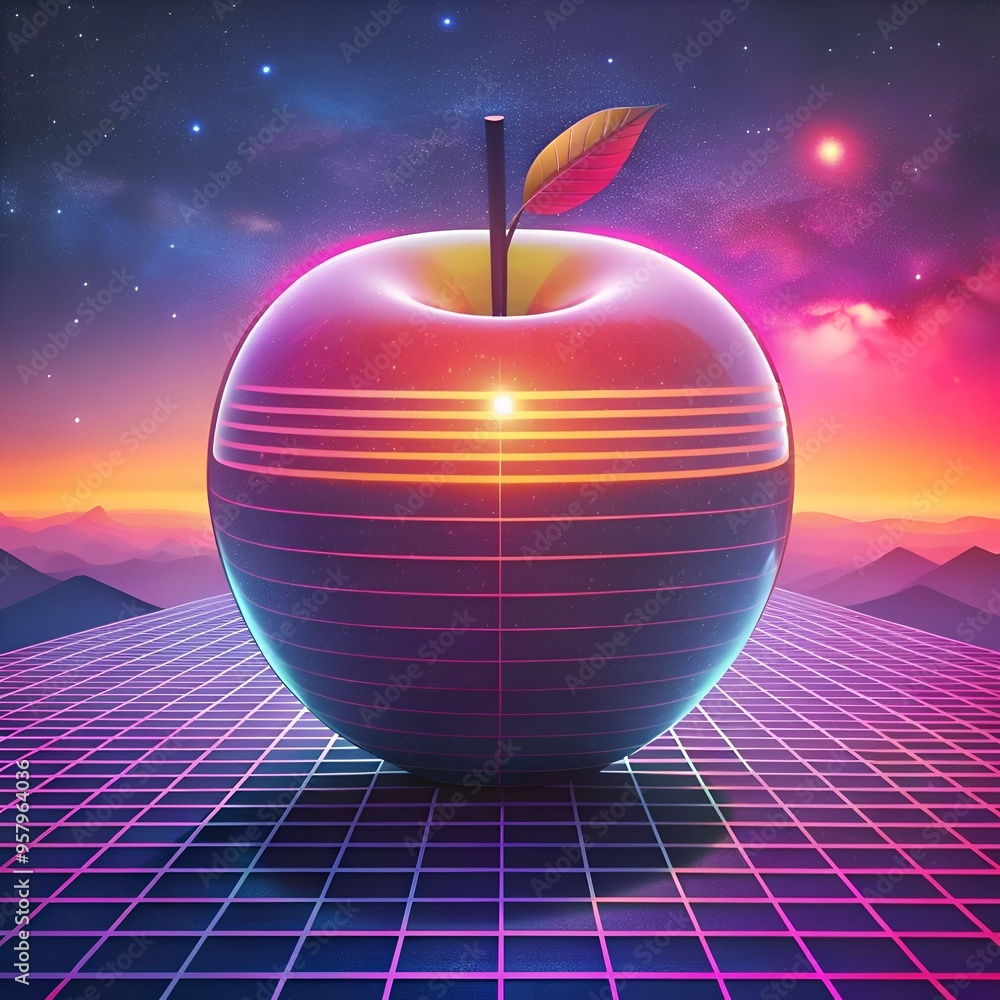 Poster a futuristic 3d illustration of a glowing. red apple resting on a retro 80s grid pattern.