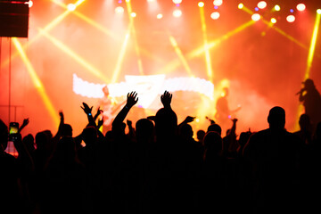Crowd at concert and colorful stage lights.