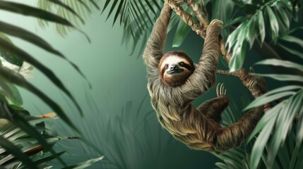 Adorable Sloth Hanging on Lush Green Tropical Rainforest Branch
