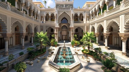 Obraz premium Opulent Marble Courtyard with Ornate Arches and Flowing Fountain in Historic Palace