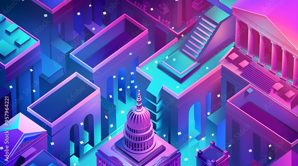 Poster abstract cityscape with neon lights geometric shapes for the concept of building structure dynamic e