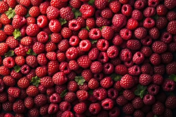 A top-down view of a large collection of ripe raspberries,