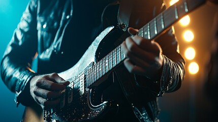 Obraz premium A musician strums an electric guitar, channeling the dynamic energy of sound waves in a shadowy studio.