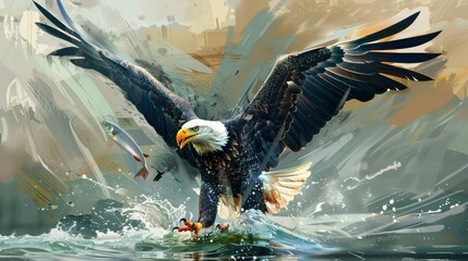 Fototapeta premium Majestic Bald Eagle Soaring Powerfully Through Stormy Skies Over Water