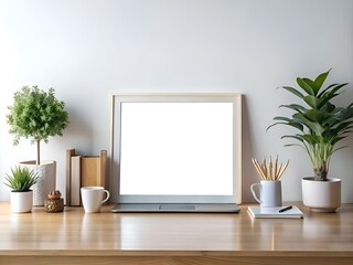 Obraz premium A minimalist home office mockup featuring a blank frame. laptop. and plants.