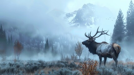 Majestic Elk Silhouetted in Misty Mountain Forest Landscape