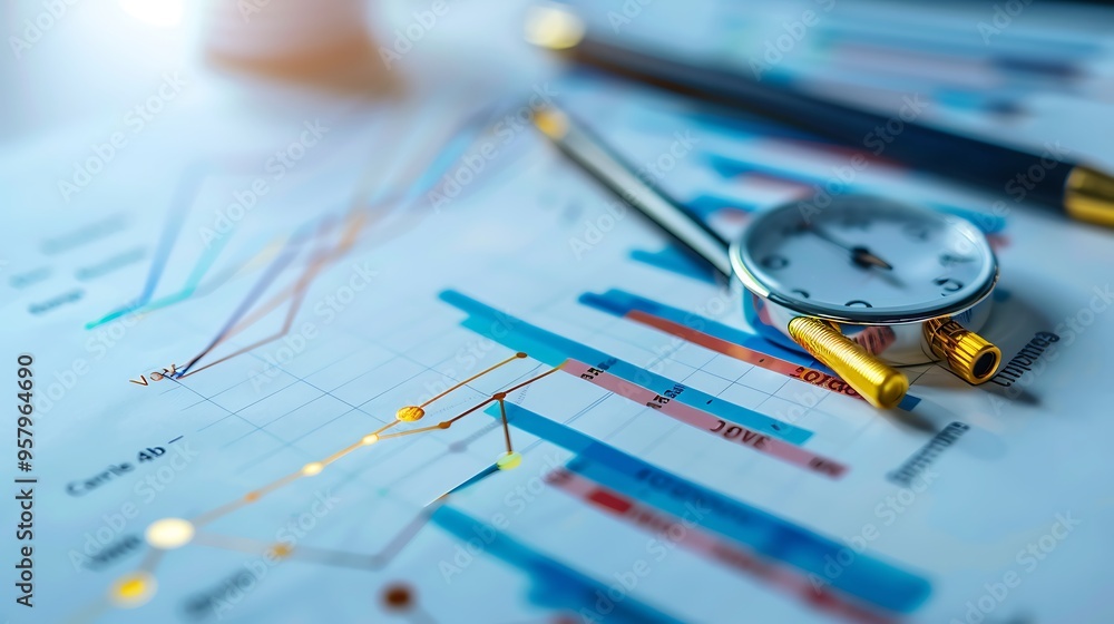 Aufkleber time management with business analysis documents for innovation solution concepts for financial busi