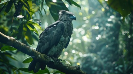 Naklejka premium Majestic Hawk Perched on Forest Branch Observing Surroundings