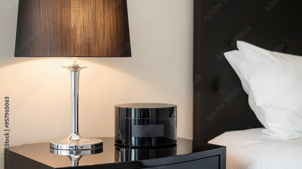 Poster minimalist stylish nightstand with empty digital photo frame and modern lamp in soft ambient light