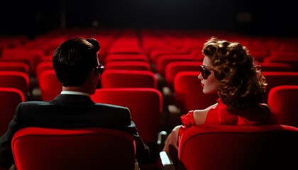 A couple sits in a movie theater, enjoying a film. Red seats and a dark screen create a cinematic atmosphere.