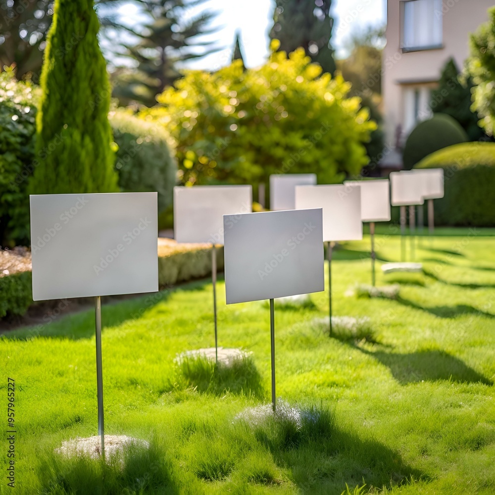 Poster blank white signs on stakes in a grassy lawn. perfect for adding your own message or design for a ga