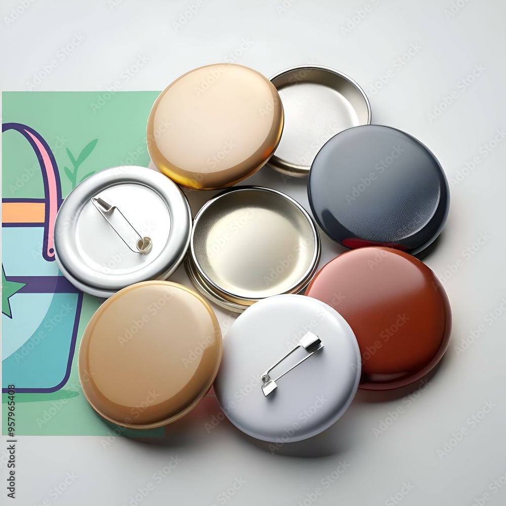 Poster a collection of blank button badges in various colors. ready for customization.
