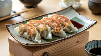 A plate of steaming gyoza dumplings with crispy edges, served with soy sauce on a table in a serene Japanese restaurant setting with soft natural light. 