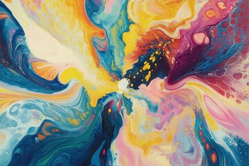 A vibrant abstract painting with swirling patterns of blue, yellow, pink, and red