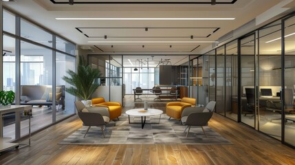 Sleek and Stylish Corporate Office Interior with Glass Walls and Plush Furniture