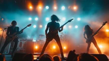 Live Music Performance, High resolution image of a rock band performing on stage, with vibrant stage lights, a cheering crowd, and an electric atmosphere