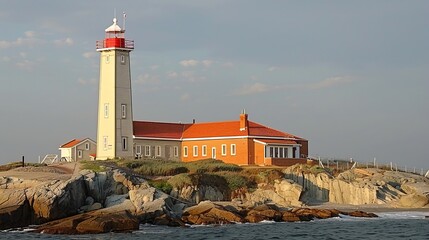 Majestic lighthouse perched on rugged cliffs beneath a dramatic and captivating sky scene