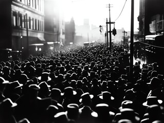 A large crowd of people gathered in a city street, a historical black and white photo depicting a significant event.