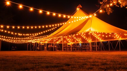 A large white tent illuminated by string lights at night. The tent is set up in a grassy field.
