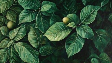 Fototapeta premium Oil painting showcasing vibrant green sweet potato leaves and their sweet fruit emphasizing the natural beauty of this vegetable