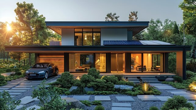 Beautiful villa with electric car parked at the entrance and solar panels on the roof, promoting a sustainable lifestyle for young family. concept of green energy and future sustainable development.
