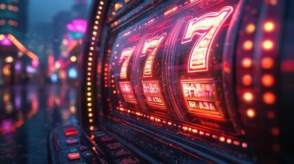 Illuminated Slot Machine in a Neon-Lit City at Night