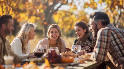 Friends and family gather outdoors for a cozy thanksgiving meal, surrounded by autumn colors and warm sunlight