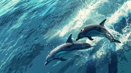 Fototapeta premium Playful Dolphins Leaping Out of Turquoise Ocean Waves