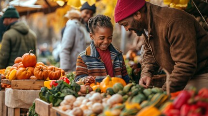 Obraz premium Happy family picks pumpkins at a lively farmers market on a sunny autumn day, enjoying togetherness and fresh, colorful produce