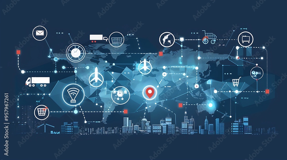 Poster 3d illustration of digital global network connection with world map logistics element icons for inte