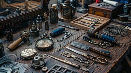 Vintage Barber Shop Tools and Accessories on Wooden Table
