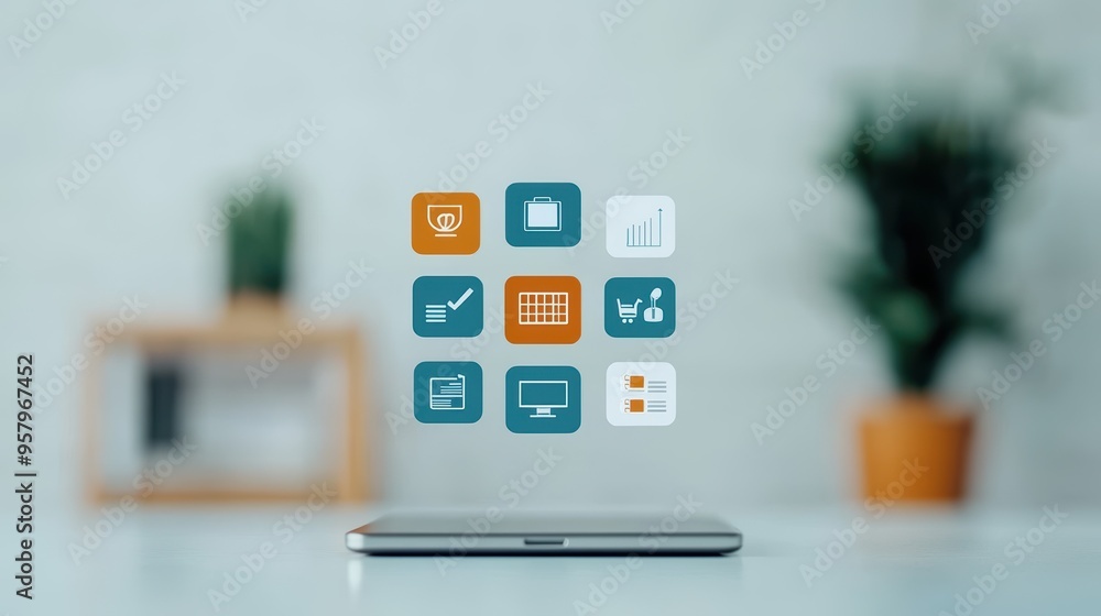 Aufkleber futuristic business hub with floating digital icons - with copy space and selective focus,
