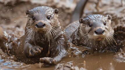 Fototapeta premium Playful Otters Exploring Muddy Riverside in Natural Habitat