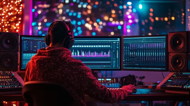 Music Production Studio, A producer working at a computer, with colorful LED lights and multiple screens showing audio waveforms