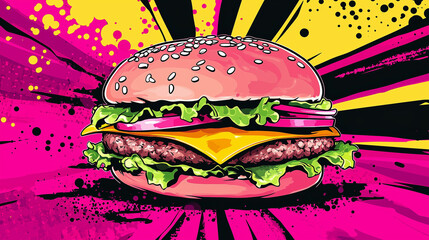 It is a burger ad designed like a comic book cover. It's a pop art burger ad. burger advertisement banner with copy space.