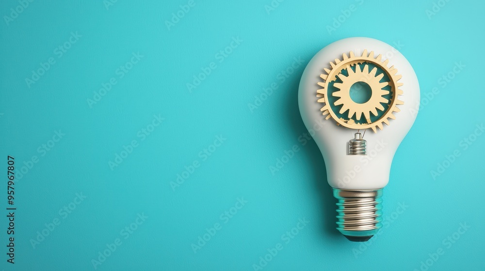 Poster creative business innovation concept with illuminated lightbulb and gears in . copy space for text, 