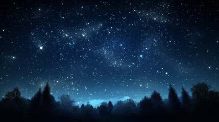 Naklejka premium Blue dark night sky with many stars above field of trees.