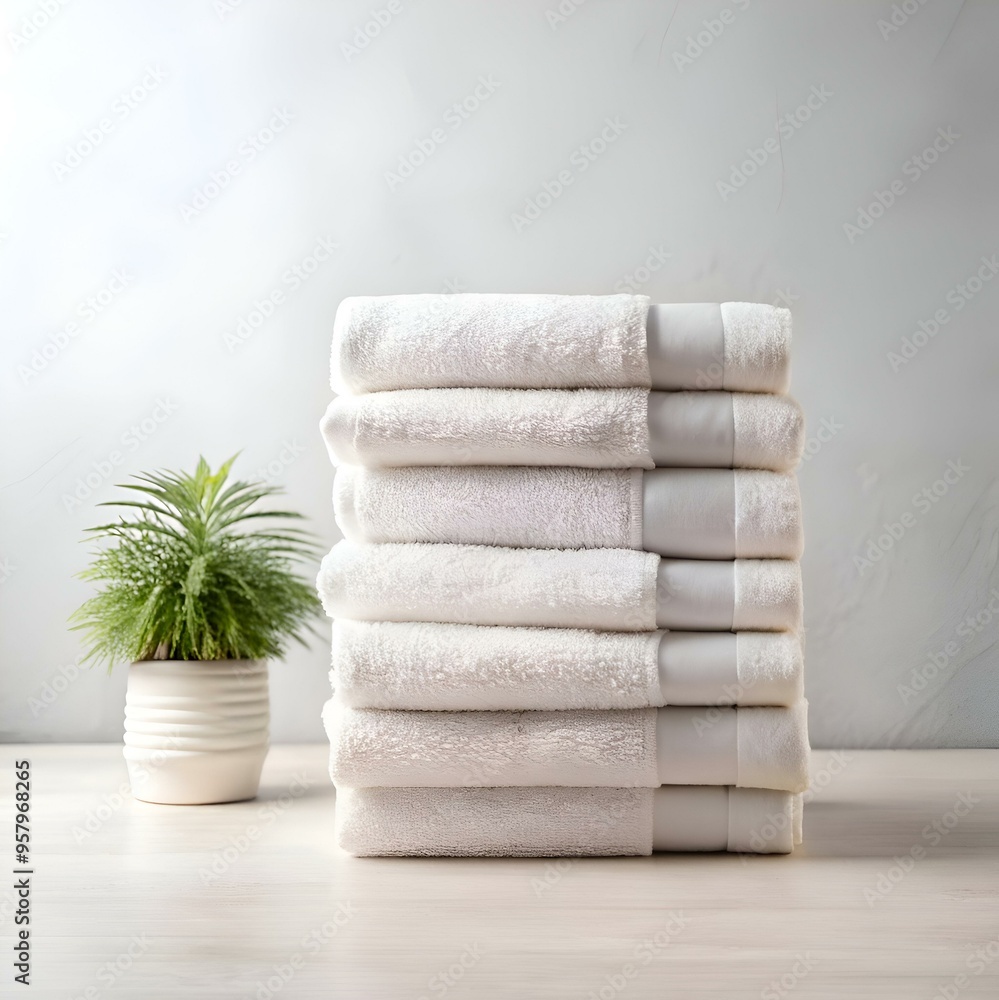 Poster a pristine stack of white towels on a clean surface. ready for a relaxing spa experience.