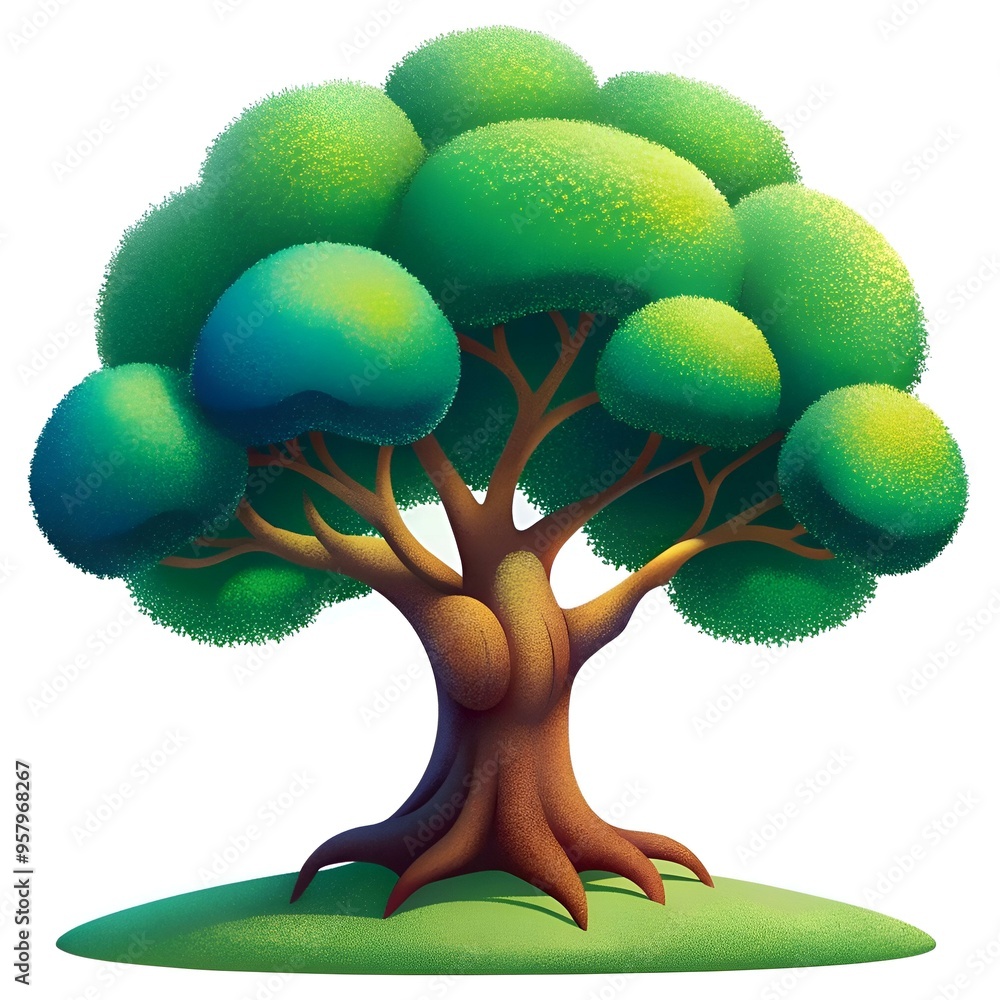 Poster a charming 3d illustration of a stylized tree with a rounded canopy and a textured trunk.