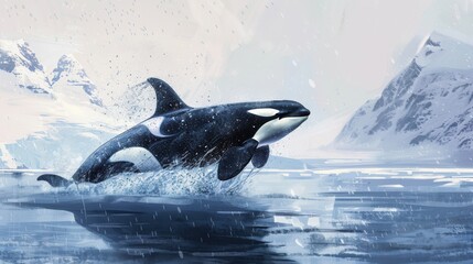 Powerful Orca Leaping Out of Icy Arctic Ocean Near Snowy Mountains